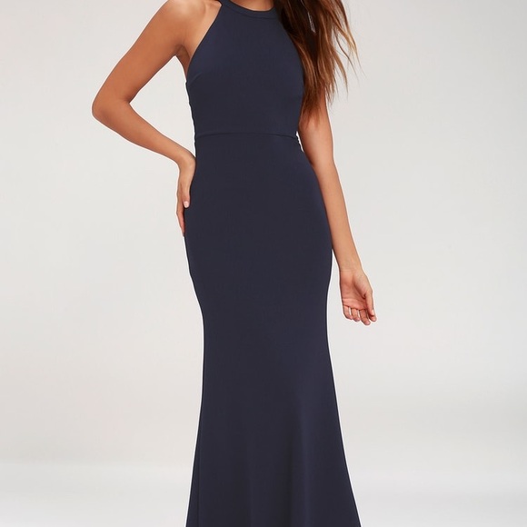 navy blue lace halter dress